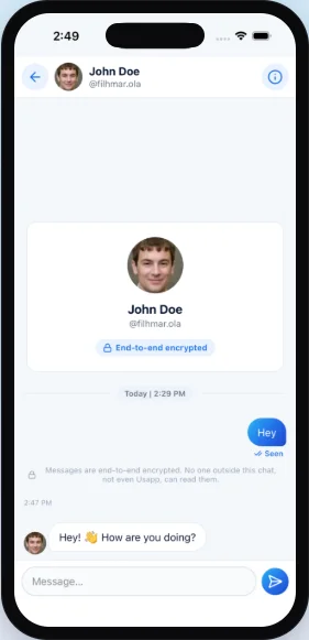 A Usapp conversation showing an end-to-end encrypted badge, a sent message marked Seen, and a reply in the thread